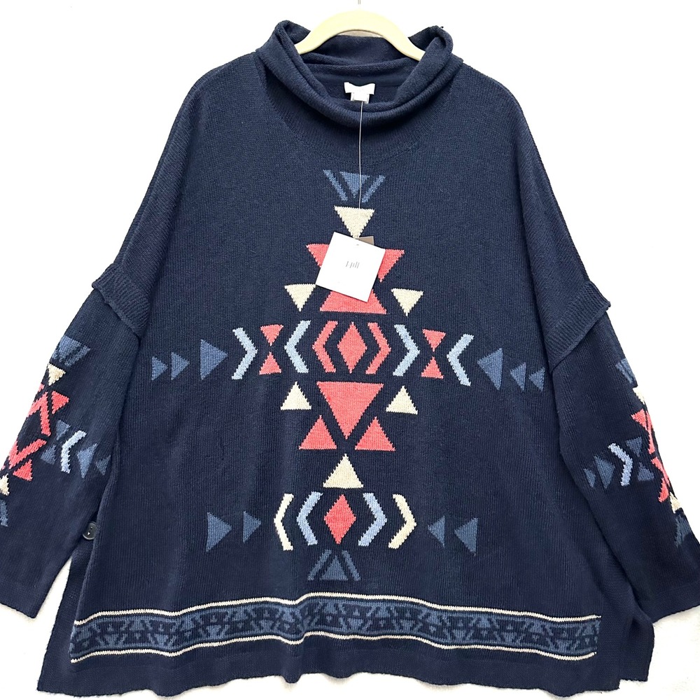 NWT J.Jill Medium M Funnel Neck Indigo Blue Southwest Aztec Poncho Sweater